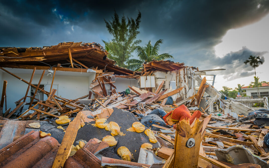 a destroyed building with debris and trees - Disaster Recovery Consulting and FEMA Consulting.  